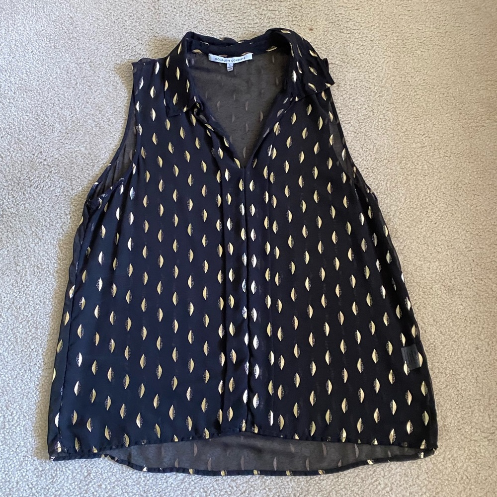 Collared black and gold sleeveless blouse